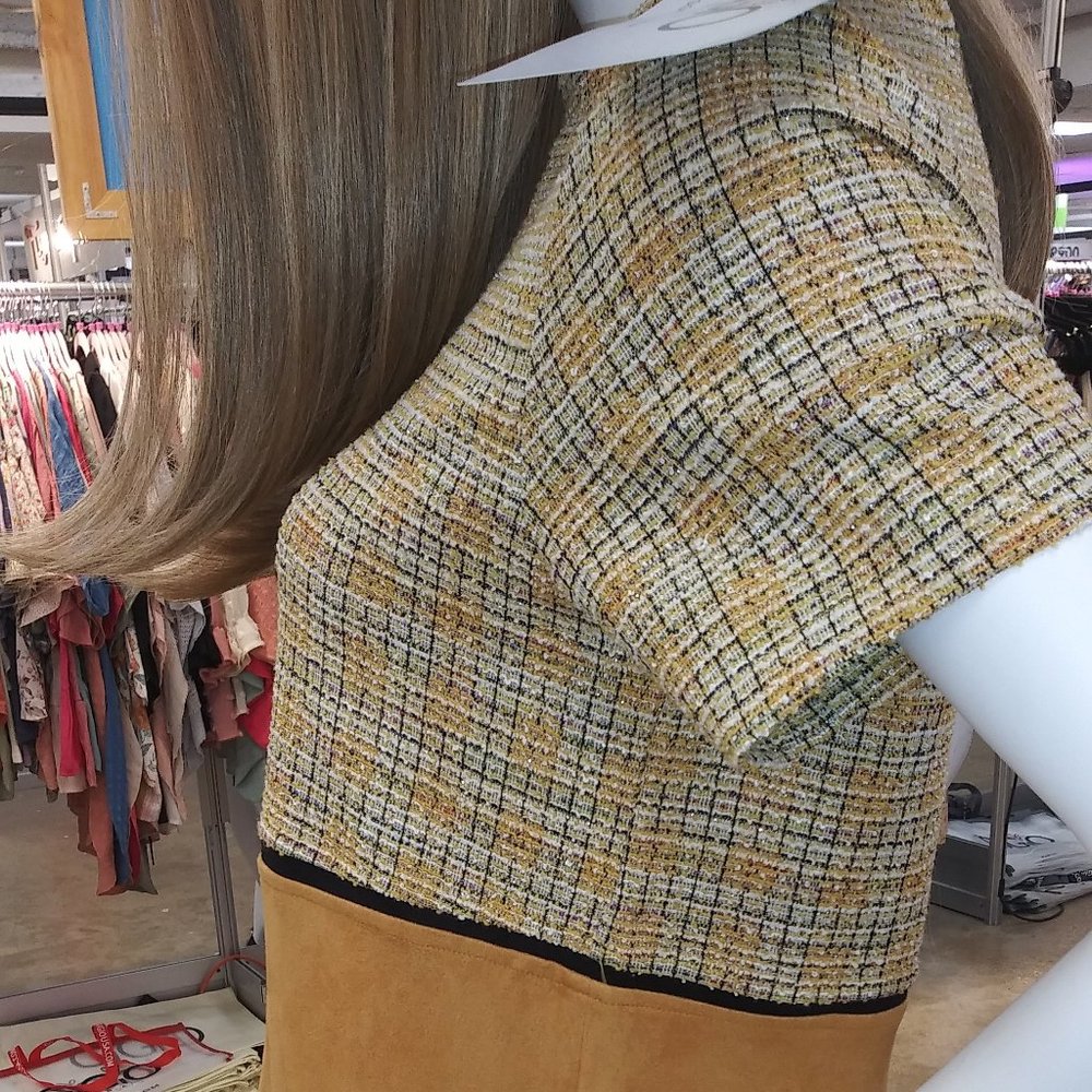 Tweed and Suede Work Dress Office Dress with Side Pockets Gold & Yellow - Picture 12 of 16